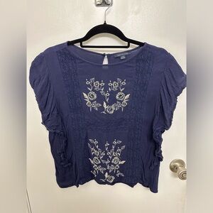 American Eagle Navy Blue Floral Embroidered Flutter Sleeve Blouse, Size L